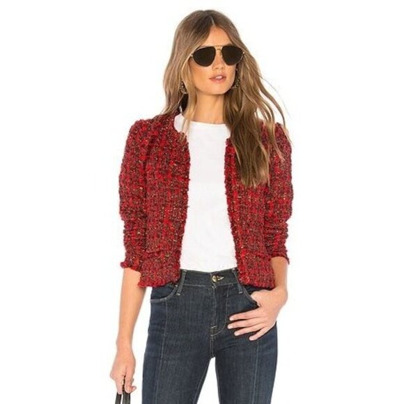 Iro Red Disco Tweed Jacket Wool Blend Red Silver Tweed Blazer Lined - Sz 4 - Picture 1 of 13